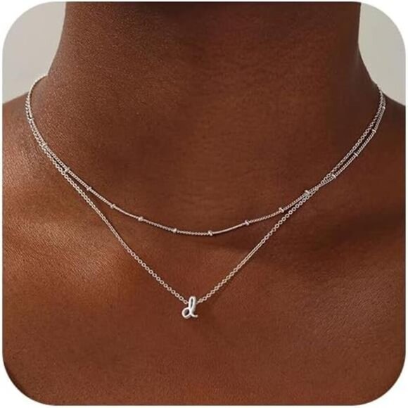 Dainty White Gold Layered Initial Necklace – Silver Letter "d" Pendant - Picture 1 of 7